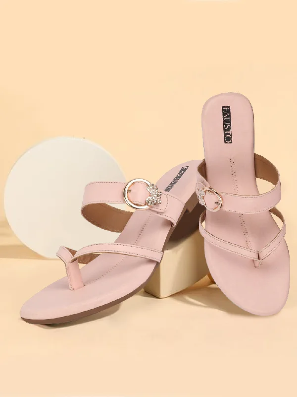 Women Pink Party Chrome Design Buckle Strap Thong Slip On Flats Slipper