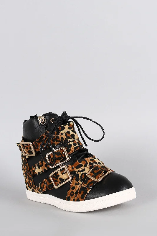 Leopard Multi Buckle Strap High Top Wedge Sneaker