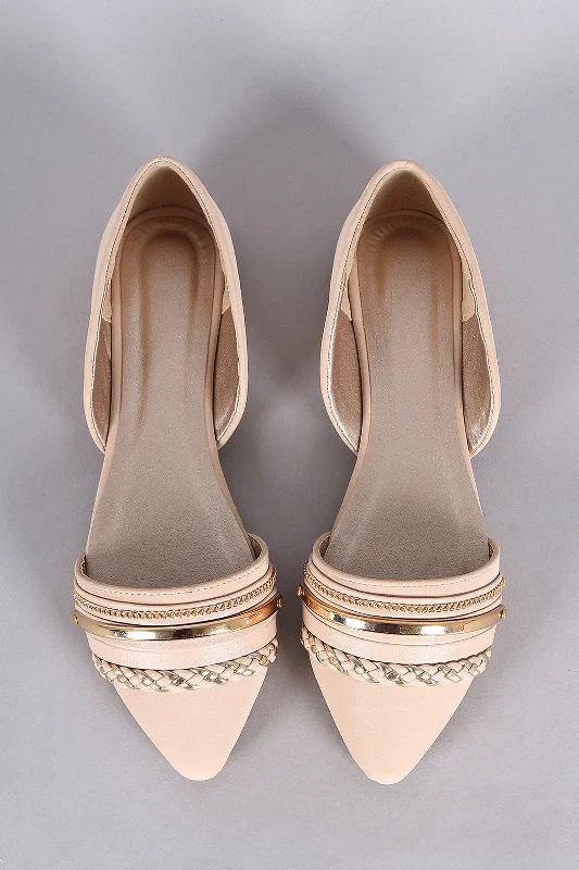 Qupid Chain Embellished Pointy Toe Dorsay Flat