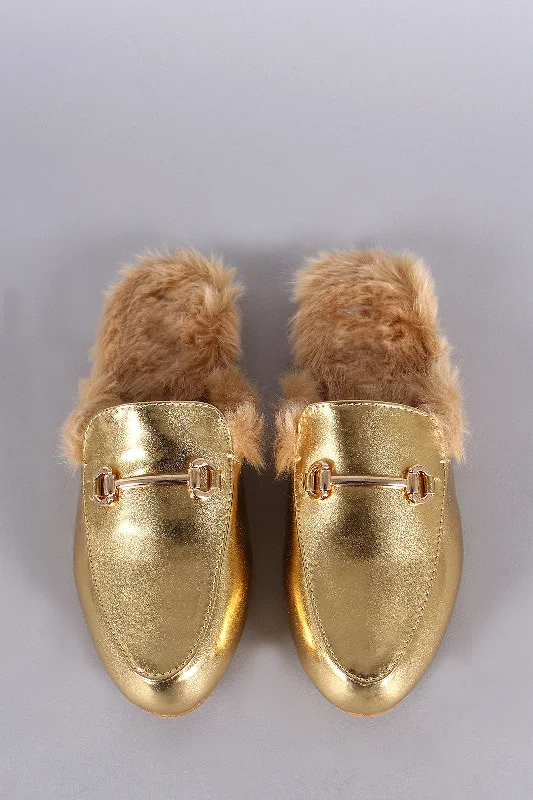 Metallic Patent Leather Fur Lined Slip On Loafer