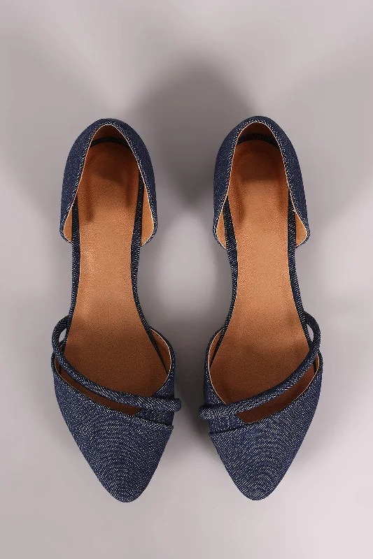 Qupid Denim Pointy Toe Dorsay Flat