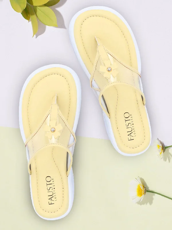 Women Yellow Casual Party Beach Fashion Stylish Floral Design Thong Flats Wedges Slipper