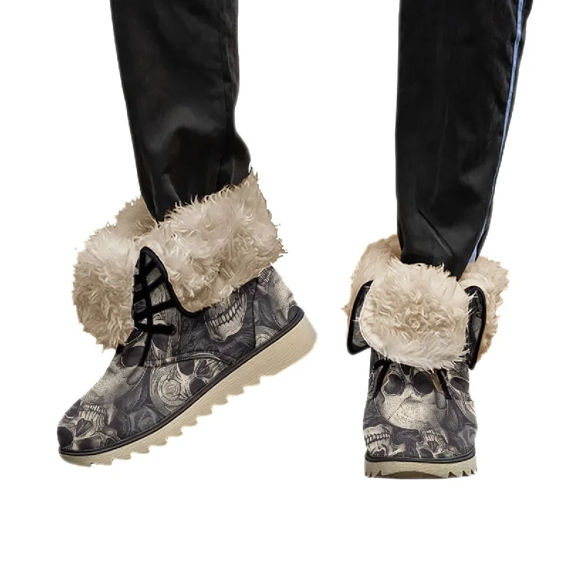 Women's Gray Skulls Plush Boots