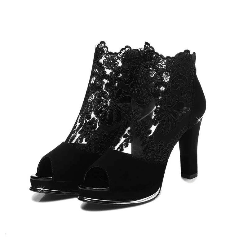 Women Black Mesh Lace Peep Toe High Heel Pumps