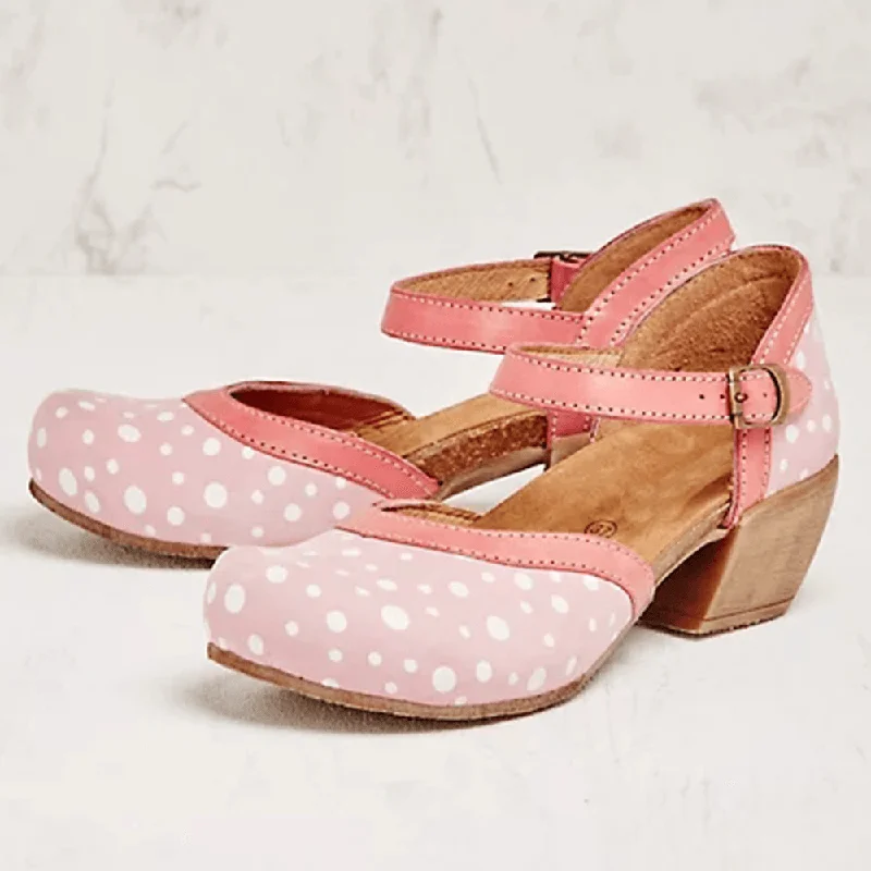 Women Polka Dot round Toe Ankle Strap Block Heel Casual Comfy Heels Pumps