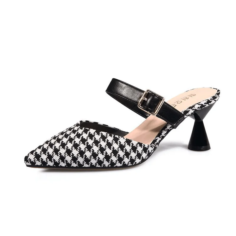 Women Retro Elegant Lattice Pattern Pointed Toe Backless Cone Heel Shoes