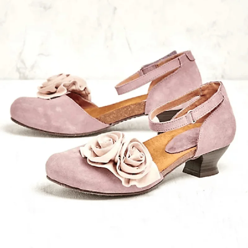 Women Vintage Flower Decoration round Toe Ankle Strap Hook Loop Casual Heels Pumps