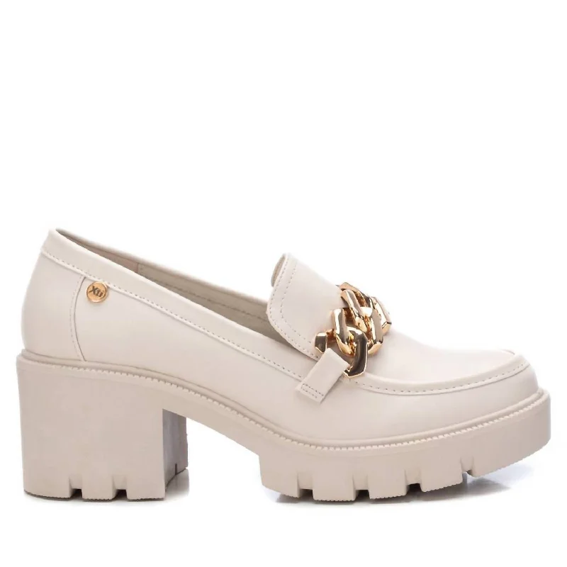 Women's Heeled Moccasins In Light Beige