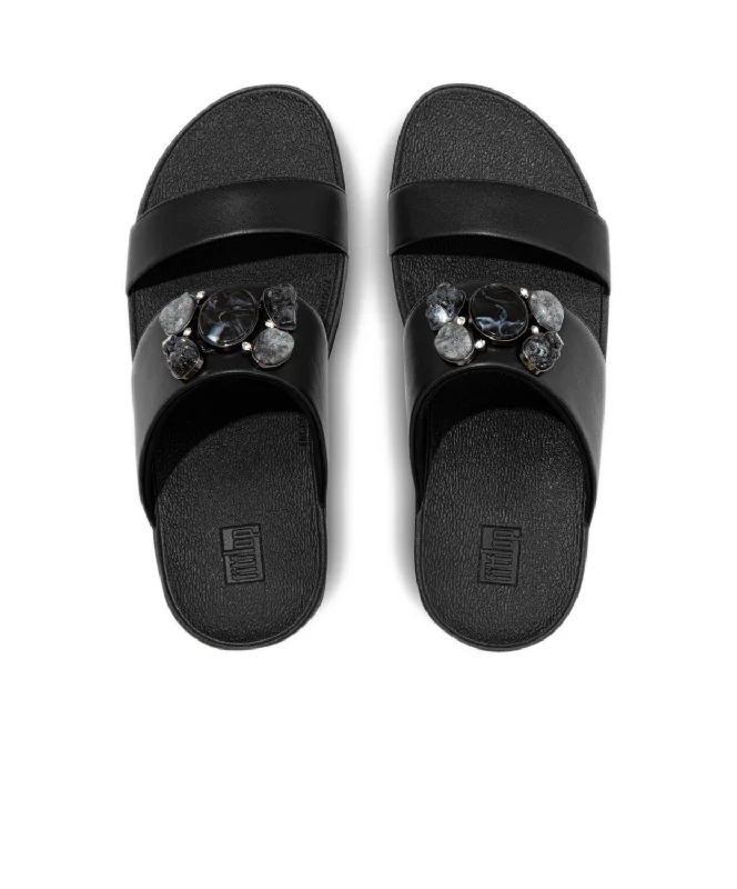 FitFlop Rosa Stone-Cluster Leather Slides Black