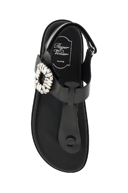 ROGER VIVIER Elegant Leather Flip Flops with Strass Buckle