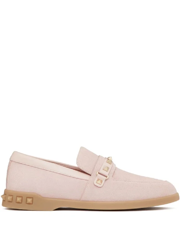 VALENTINO GARAVANI Blush Pink Leather Loafers with Signature Rockstud Detailing for Women