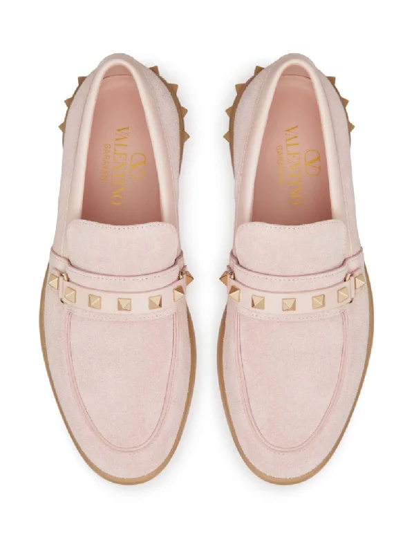 VALENTINO GARAVANI Blush Pink Leather Loafers with Signature Rockstud Detailing for Women