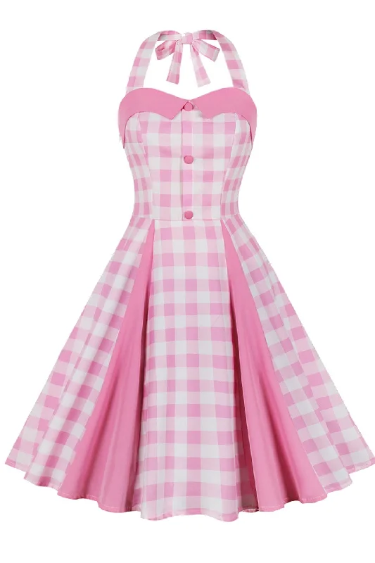 Barbie Pink Plaid Halter A-Line Midi Dress