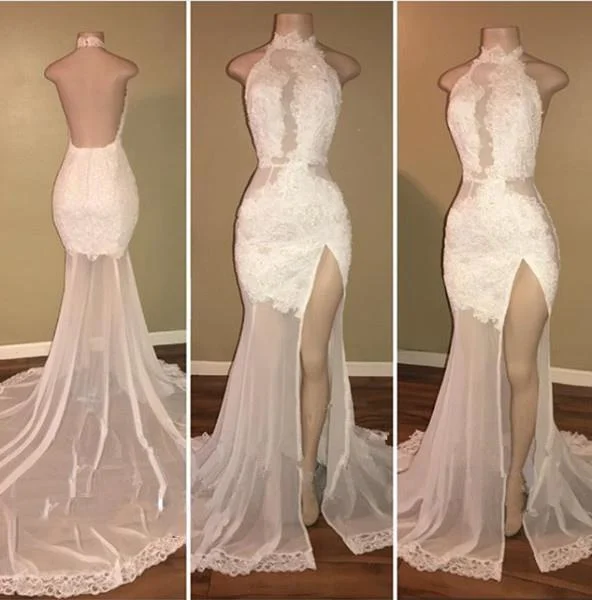 New Arrival Sheath White High Neck Side Slit Lace Backless See Through African Prom Dresses