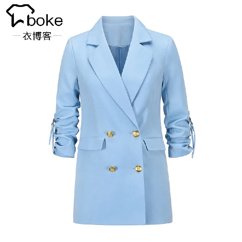 2022 Women Autumn Office Blazer  Elegant Blue Double-Breasted Button Casual Jacket Black Loose Large Size Ladies Streetwear