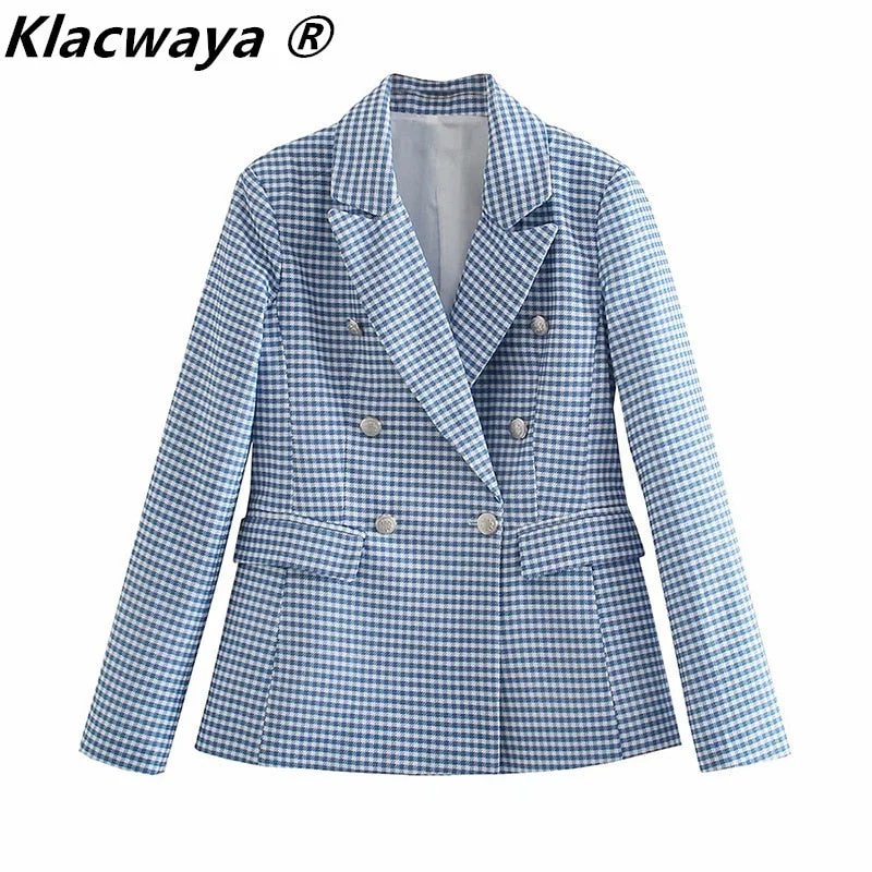 Klacwaya Women 2022 Blazer Plaid Printing Double-Breasted Long Sleeve Coat Ladies Office Blazers Casual Suit Women Jacket