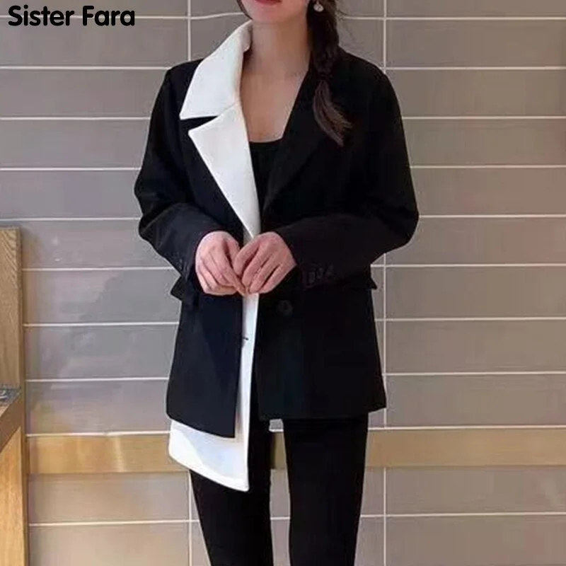 Sister Fara Chic Asymmetrical Spliced Blazer Women's Jacket Spring 2022 Loose Thin Casual Jacket Blazers Autumn Ladies Blazers