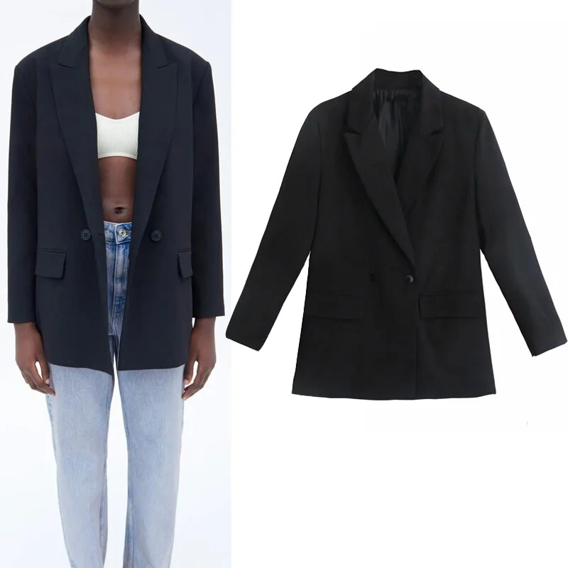 Spring 2022 Za Women Blazer Double Breasted Jacket Female Oversize Long Sleeve Black Blazer Woman Casual Loose Office Beige Coat