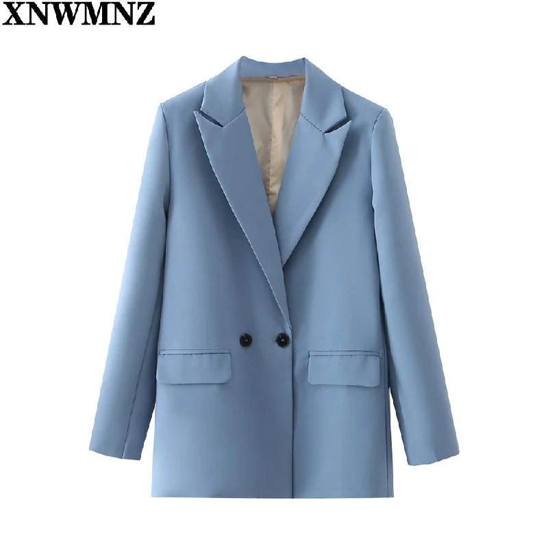 XNWMNZ women Autumn and winter women's blazer jacket casual solid color double-breasted pocket decorative coat chic blazers